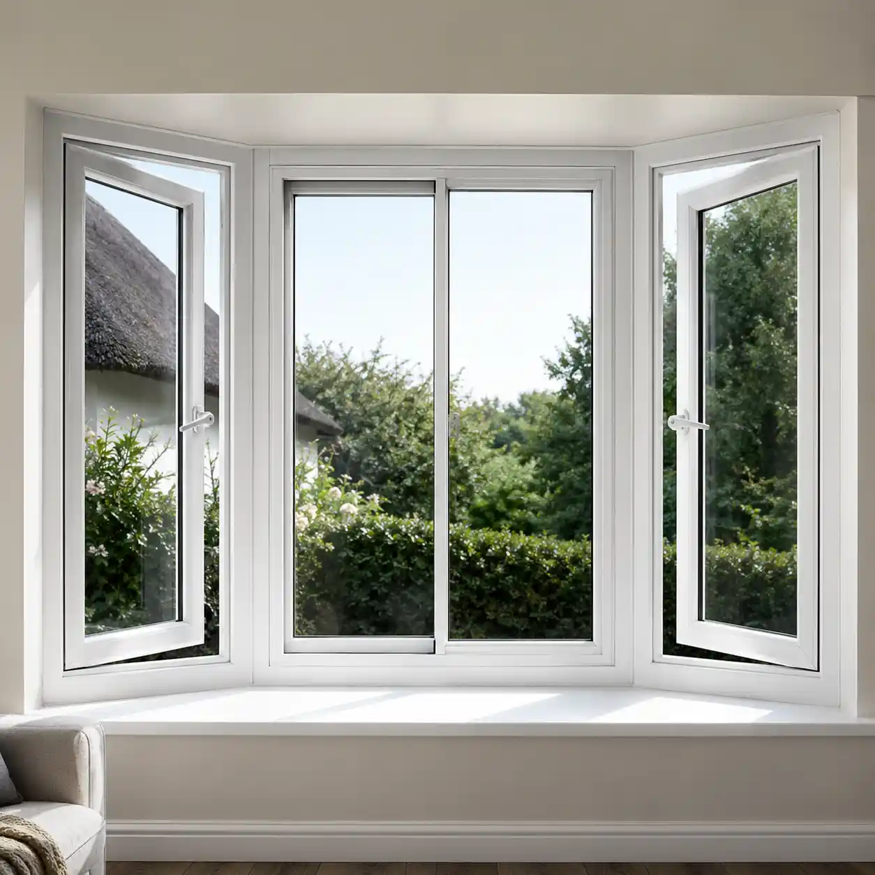 Elegant Bay UPVC windows installed in a living room in Coimbatore